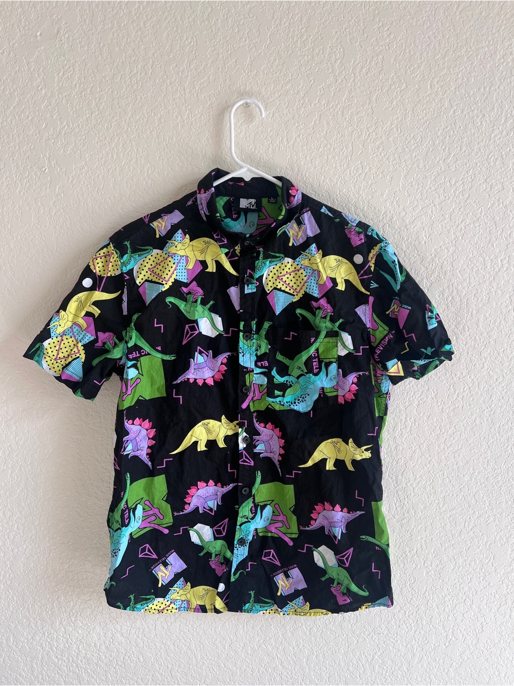 MTV Black Short-Sleeve Button-Up Shirt with Neon Dinosaur Print